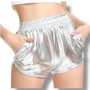 Pumpkino Shiny Silver Retro Inspired Elastic Waist Front Pockets Shorty Shorts